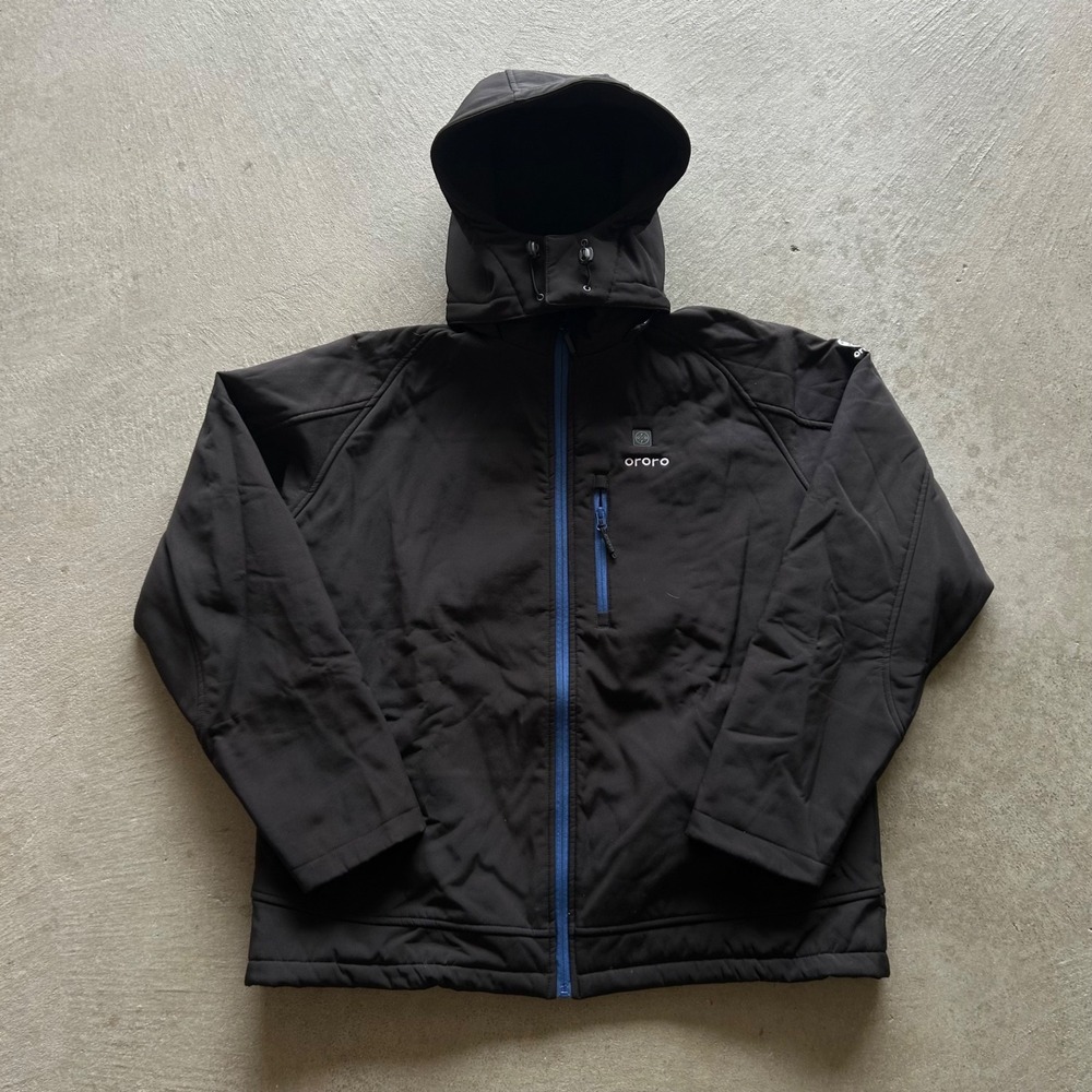 Ororo Heated Jacket Mens XL Black Softshell Detachable Hood Battery Included